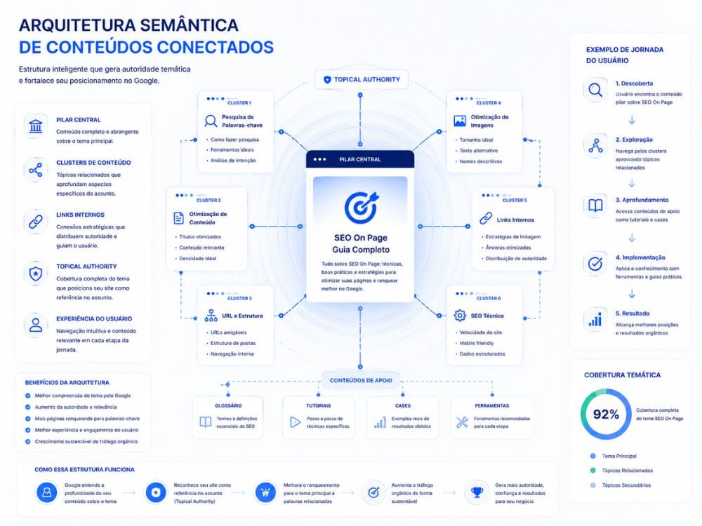Backlinks contextuais conectando sites em estrutura semântica de SEO