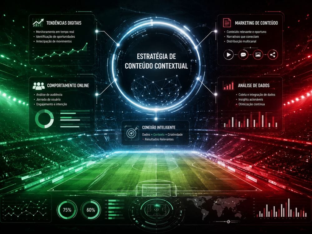 Ambiente digital acelerado com telas, gráficos e elementos esportivos representando disputa por atenção durante eventos globais