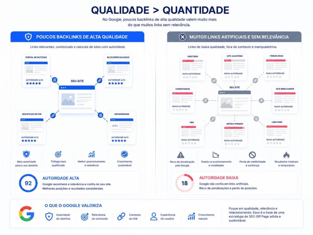 Comparação entre backlinks relevantes e links artificiais no SEO