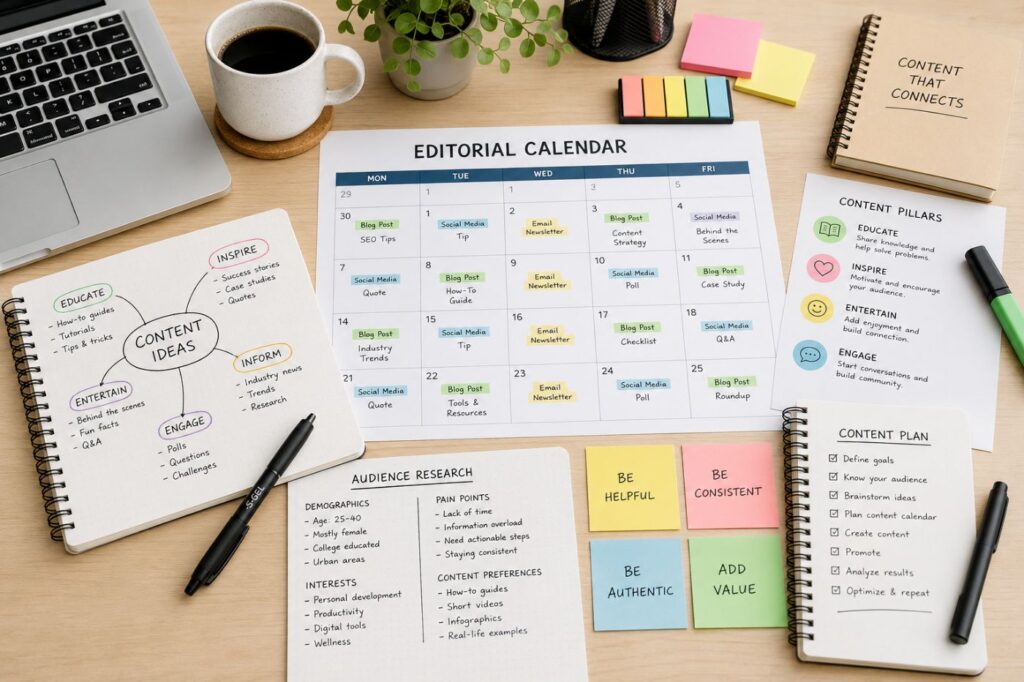 Planejamento de conteúdo para blogs com organização de temas e estratégia editorial